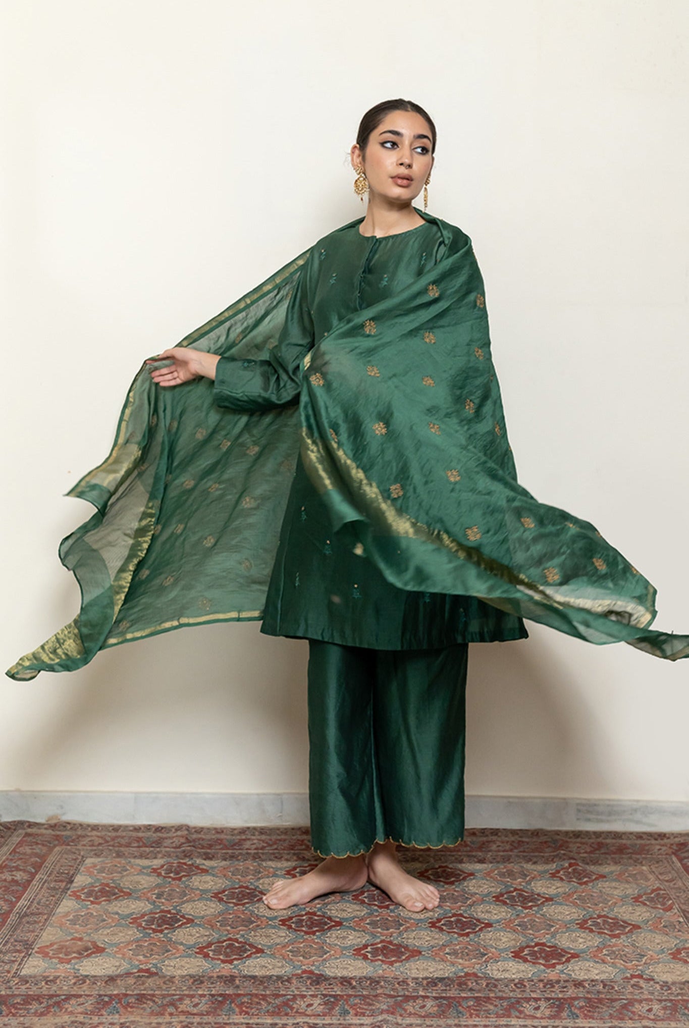 Roohi Kalidaar Kurta Set - Emerald Green (Set of 3) - CiceroniKurta Set, Festive wearNirjara