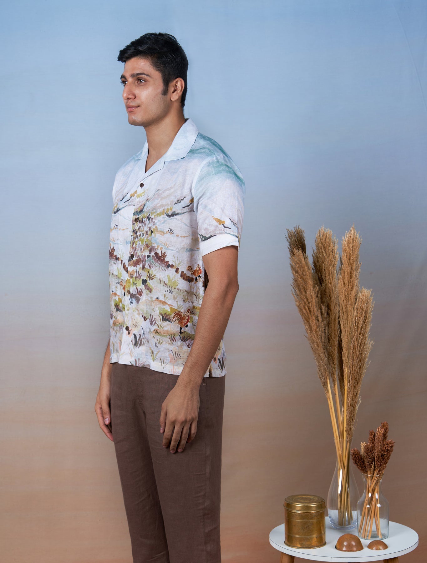 Rooster Meadow Blue - Hand Embroidered Unisex Printed Linen Shirt - CiceroniShirtsCultura Studio