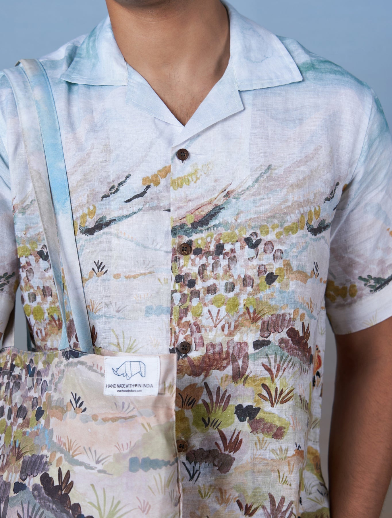 Rooster Meadow Blue - Hand Embroidered Unisex Printed Linen Shirt - CiceroniShirtsCultura Studio