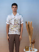 Rooster Meadow Blue - Hand Embroidered Unisex Printed Linen Shirt - CiceroniShirtsCultura Studio