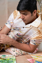 Rooster Meadow Yellow - Hand Embroidered Unisex Printed Linen Shirt - CiceroniShirtsCultura Studio