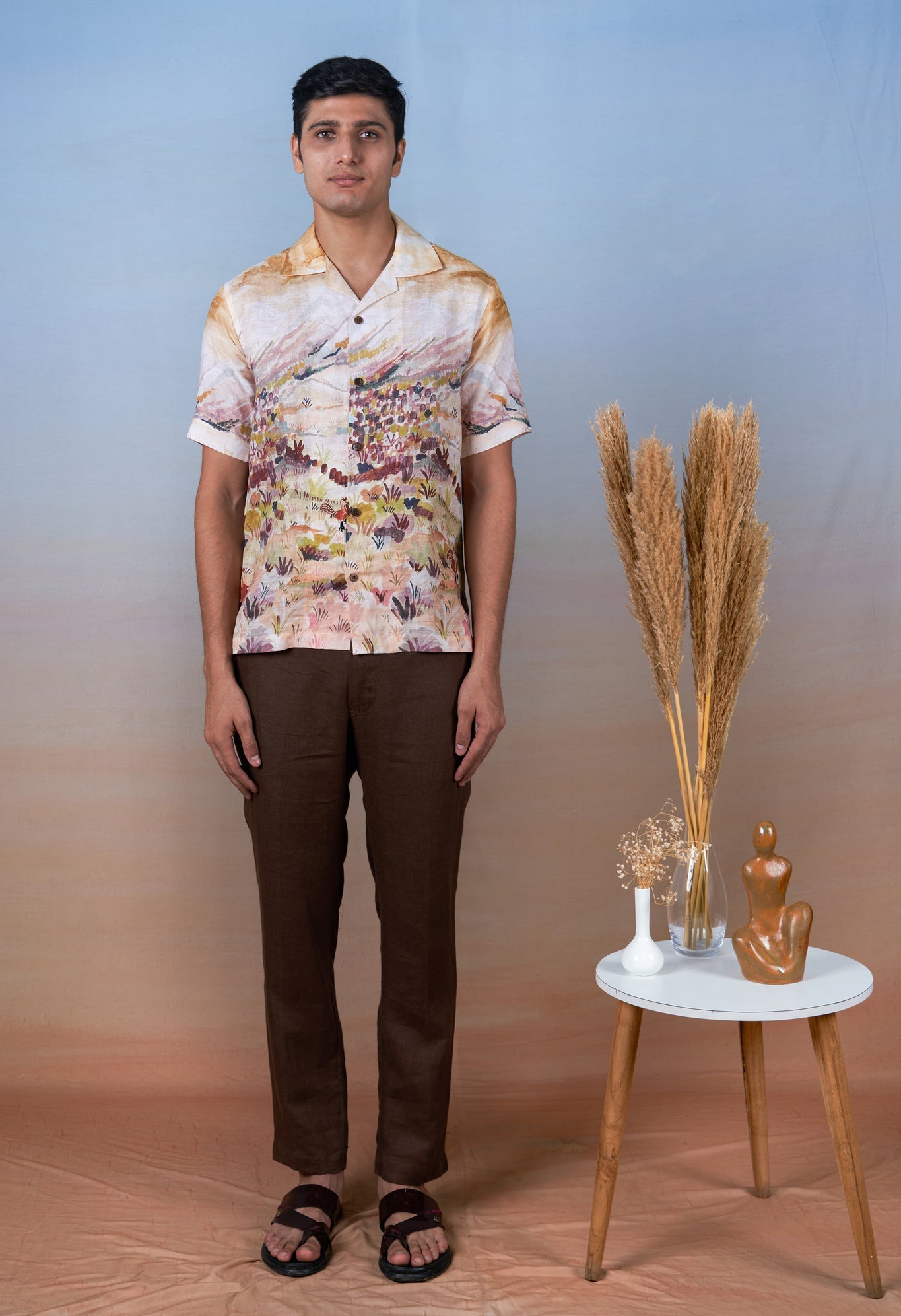 Rooster Meadow Yellow - Hand Embroidered Unisex Printed Linen Shirt - CiceroniShirtsCultura Studio