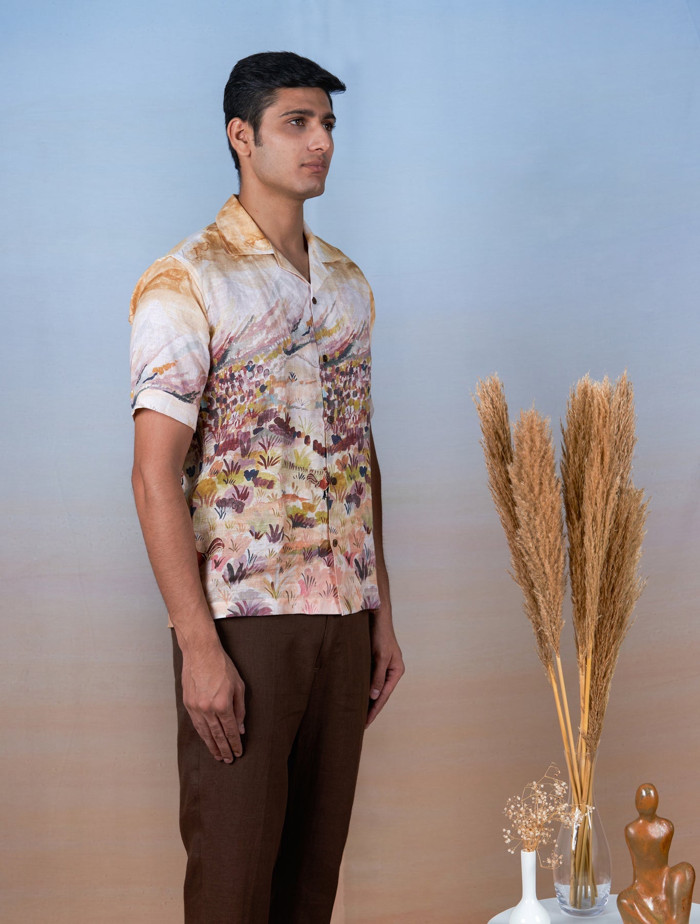 Rooster Meadow Yellow - Hand Embroidered Unisex Printed Linen Shirt - CiceroniShirtsCultura Studio