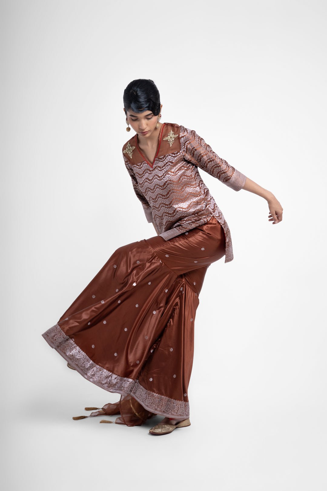 Ruby Gharara Set In Brown - CiceroniKurta Set, Festive WearShriya Singhi