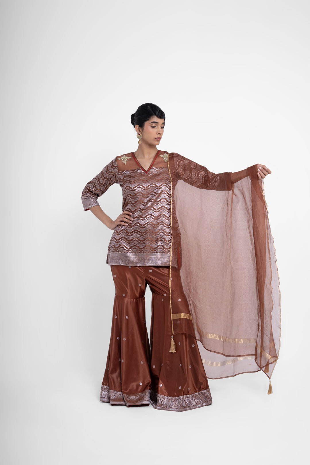 Ruby Gharara Set In Brown - CiceroniKurta Set, Festive WearShriya Singhi