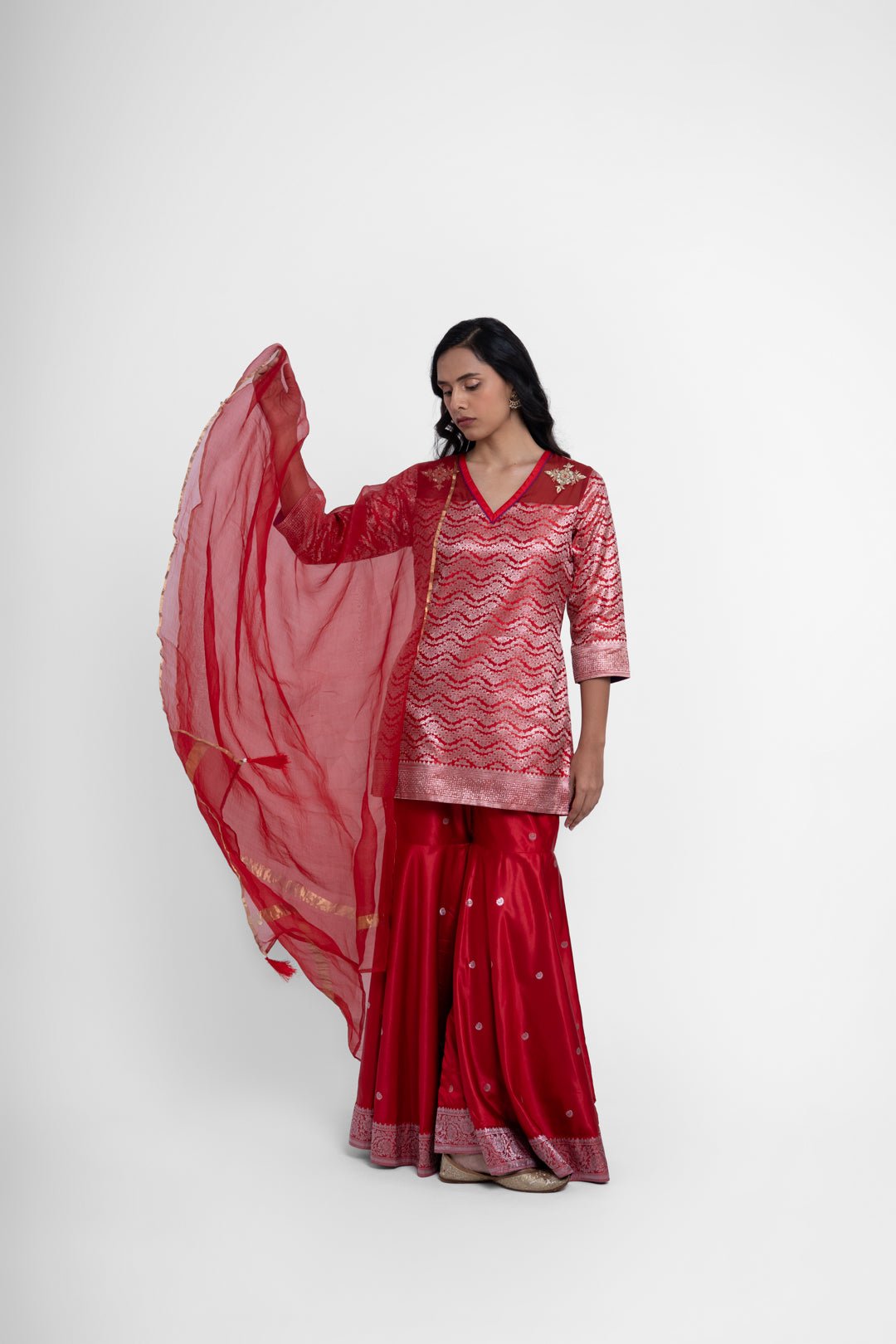 Ruby Gharara Set In Red - CiceroniKurta Set, Festive WearShriya Singhi