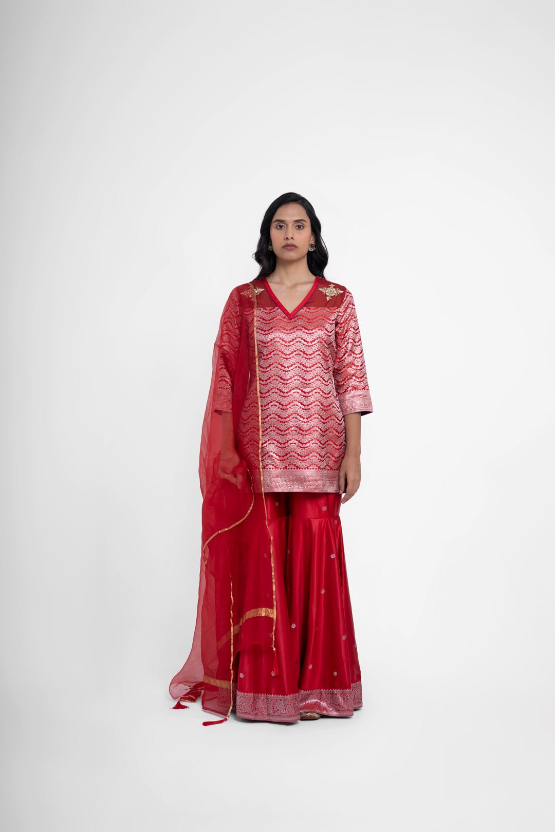 Ruby Gharara Set In Red - CiceroniKurta Set, Festive WearShriya Singhi