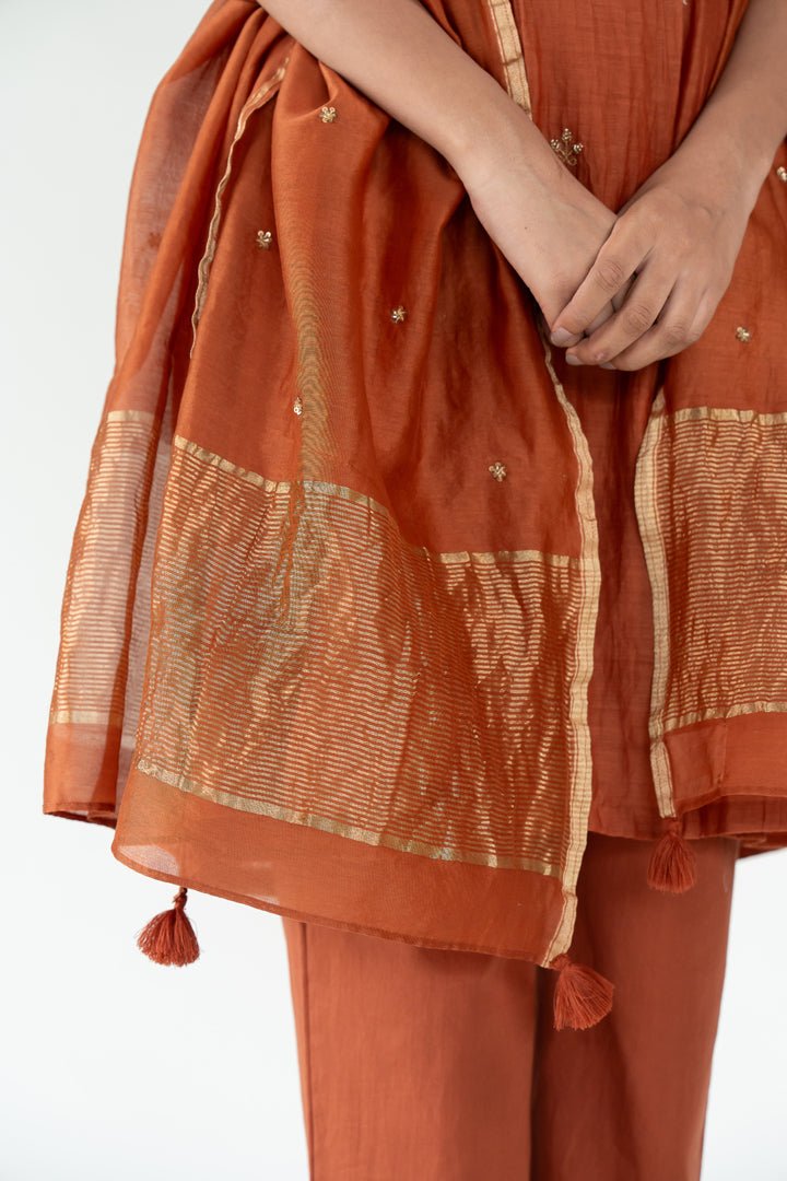 Rust Ekra Kurta Set with Ayra Odhani - CiceroniKurta Set, Festive WearNirjara