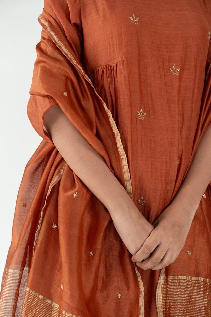 Rust Ekra Kurta Set with Ayra Odhani - CiceroniKurta Set, Festive WearNirjara