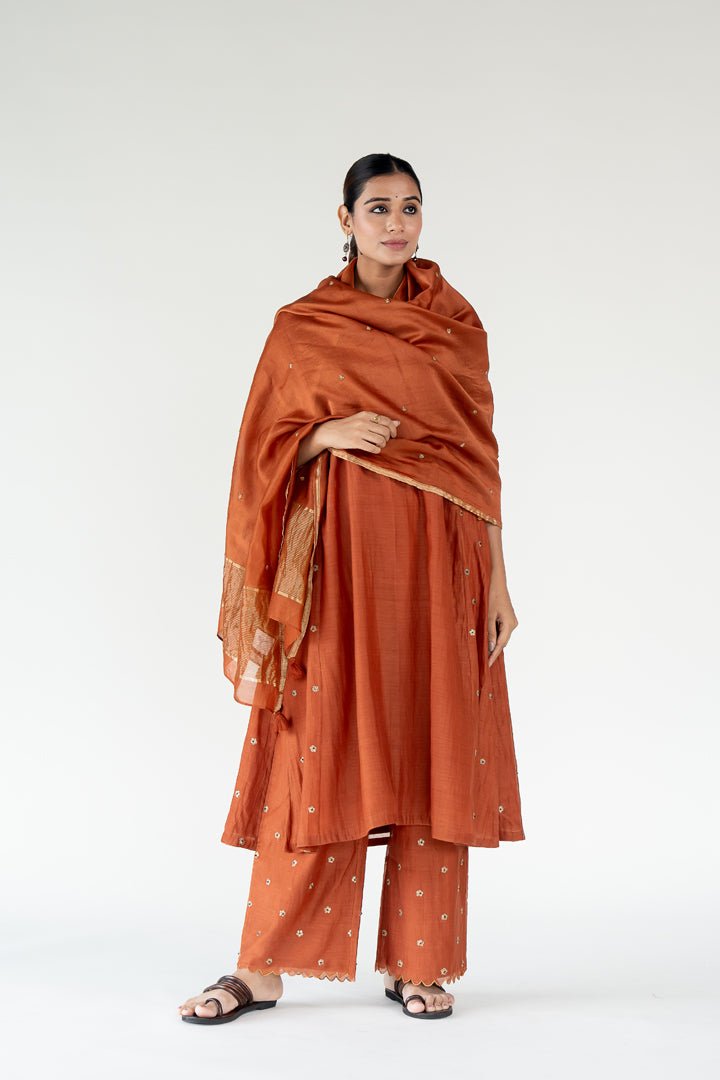 Rust Fiza Kurta Set with Ayra Odhani - CiceroniKurta Set, Festive WearNirjara