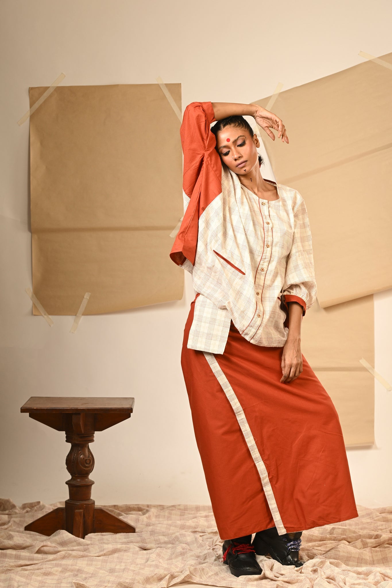 Rust Kaftan Shirt with Skirt - CiceroniSkirt SetPrathaa