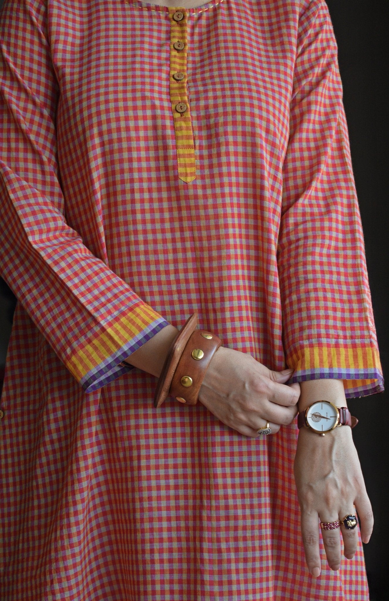 Rust Orange Checks A - Line Kurta with Pyjama in Handwoven Cotton - CiceroniKurta Set, Everyday WearHouse of Moxa