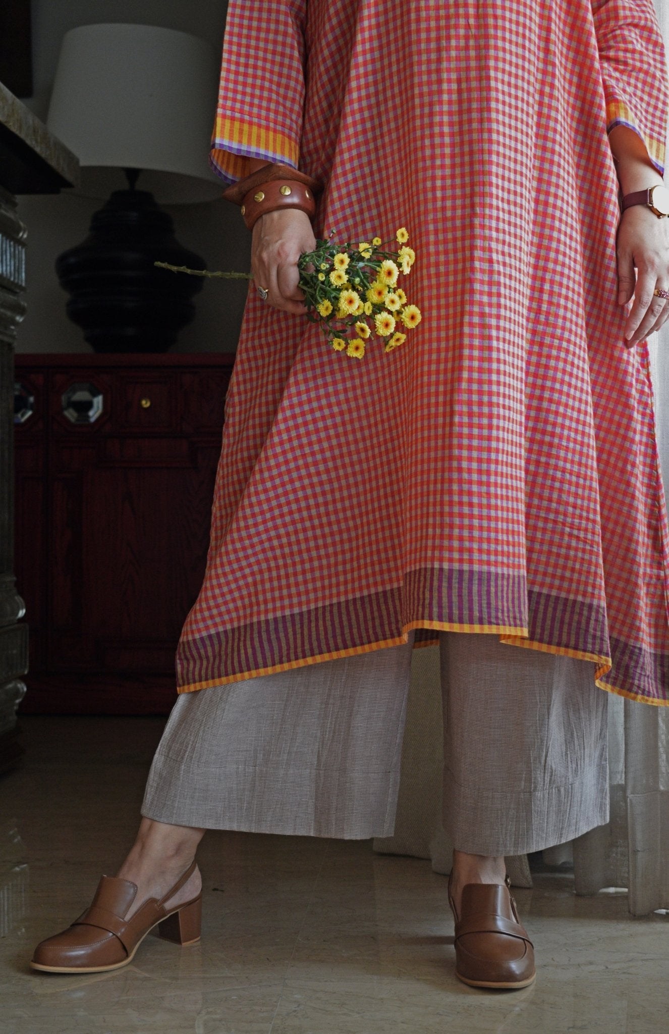 Rust Orange Checks A - Line Kurta with Pyjama in Handwoven Cotton - CiceroniKurta Set, Everyday WearHouse of Moxa