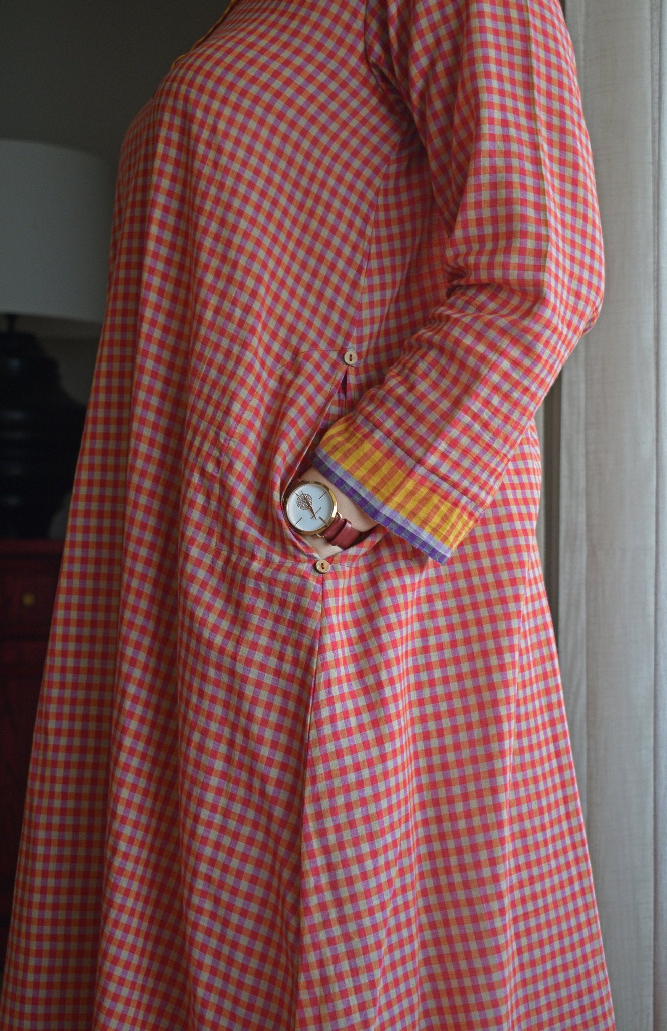 Rust Orange Checks A - Line Kurta with Pyjama in Handwoven Cotton - CiceroniKurta Set, Everyday WearHouse of Moxa