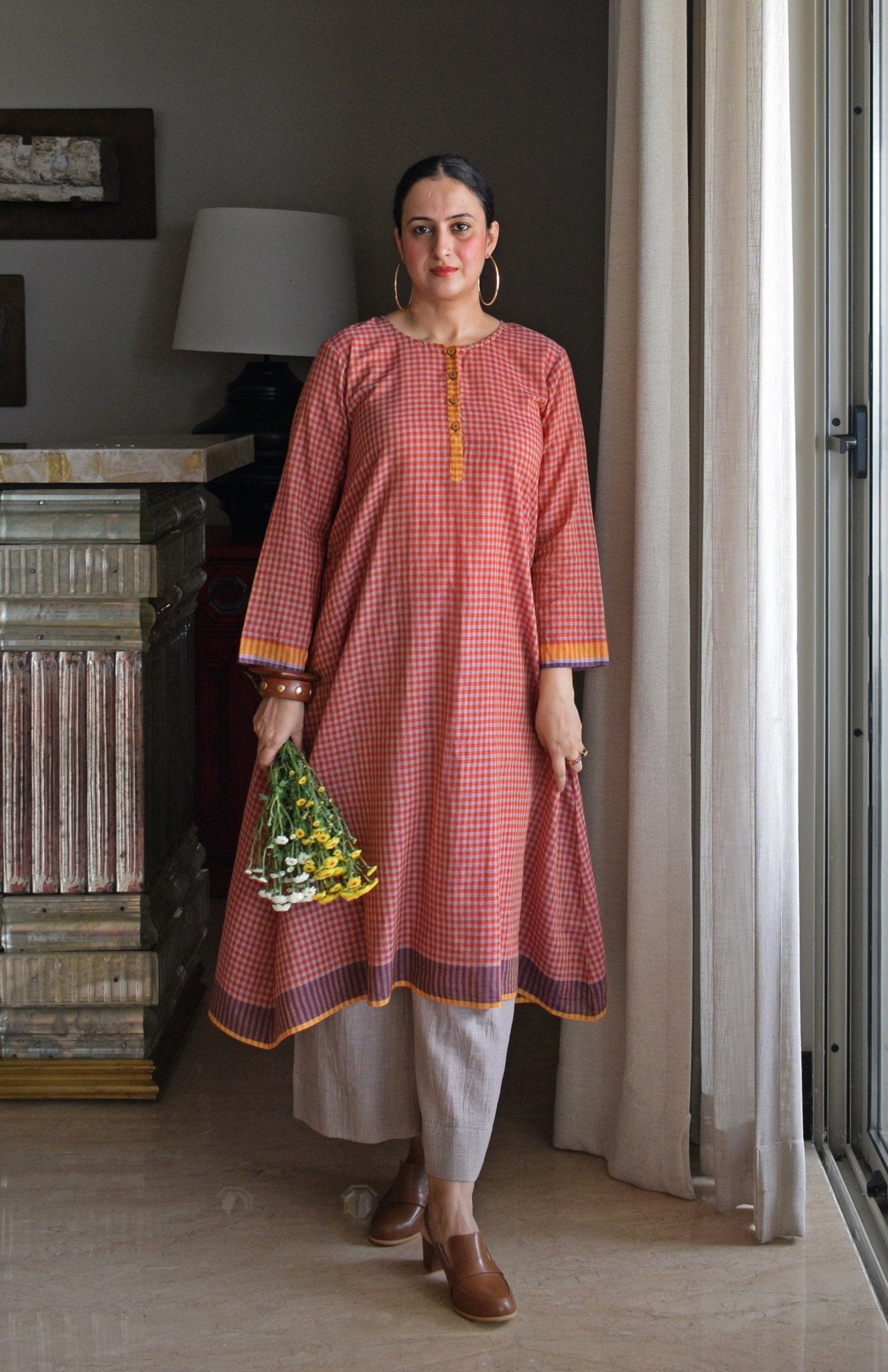 Rust Orange Checks A - Line Kurta with Pyjama in Handwoven Cotton - CiceroniKurta Set, Everyday WearHouse of Moxa
