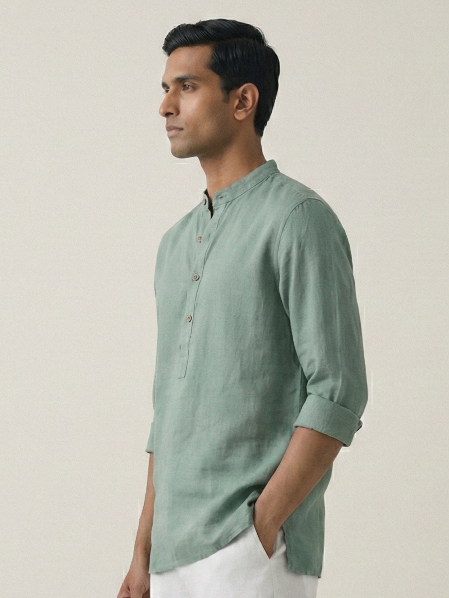 Sage Green 100% Pure Linen Classic Short Kurta - CiceroniKurta, Everyday Wearbhrāta