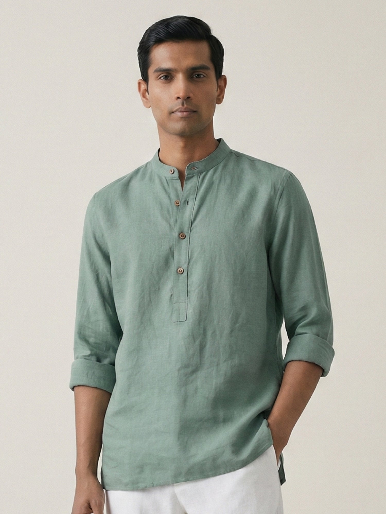 Sage Green 100% Pure Linen Classic Short Kurta - CiceroniKurta, Everyday Wearbhrāta