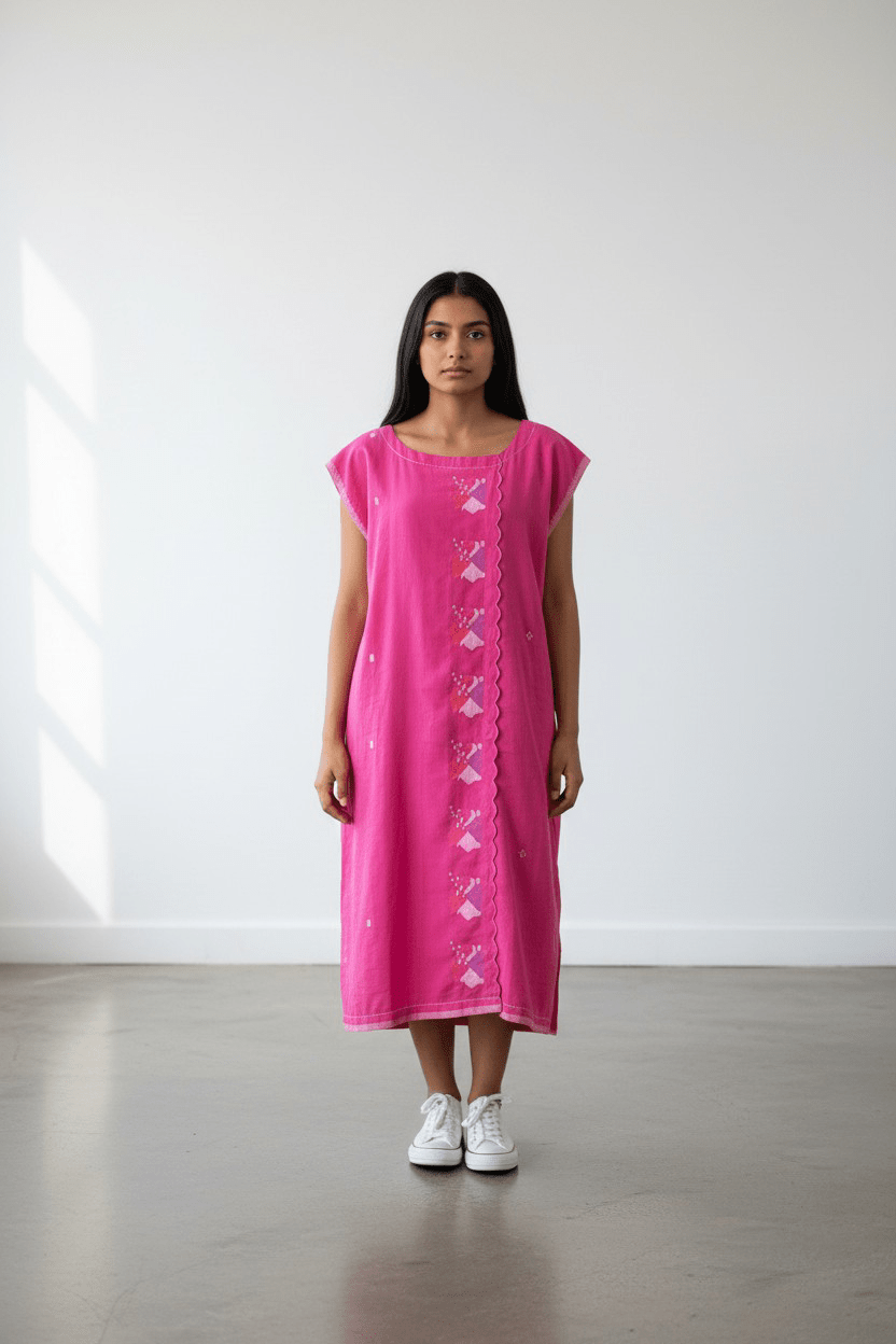 Scallop Dress - Hibiscus Lotus Golap Jamdani - CiceroniDressesBhomra