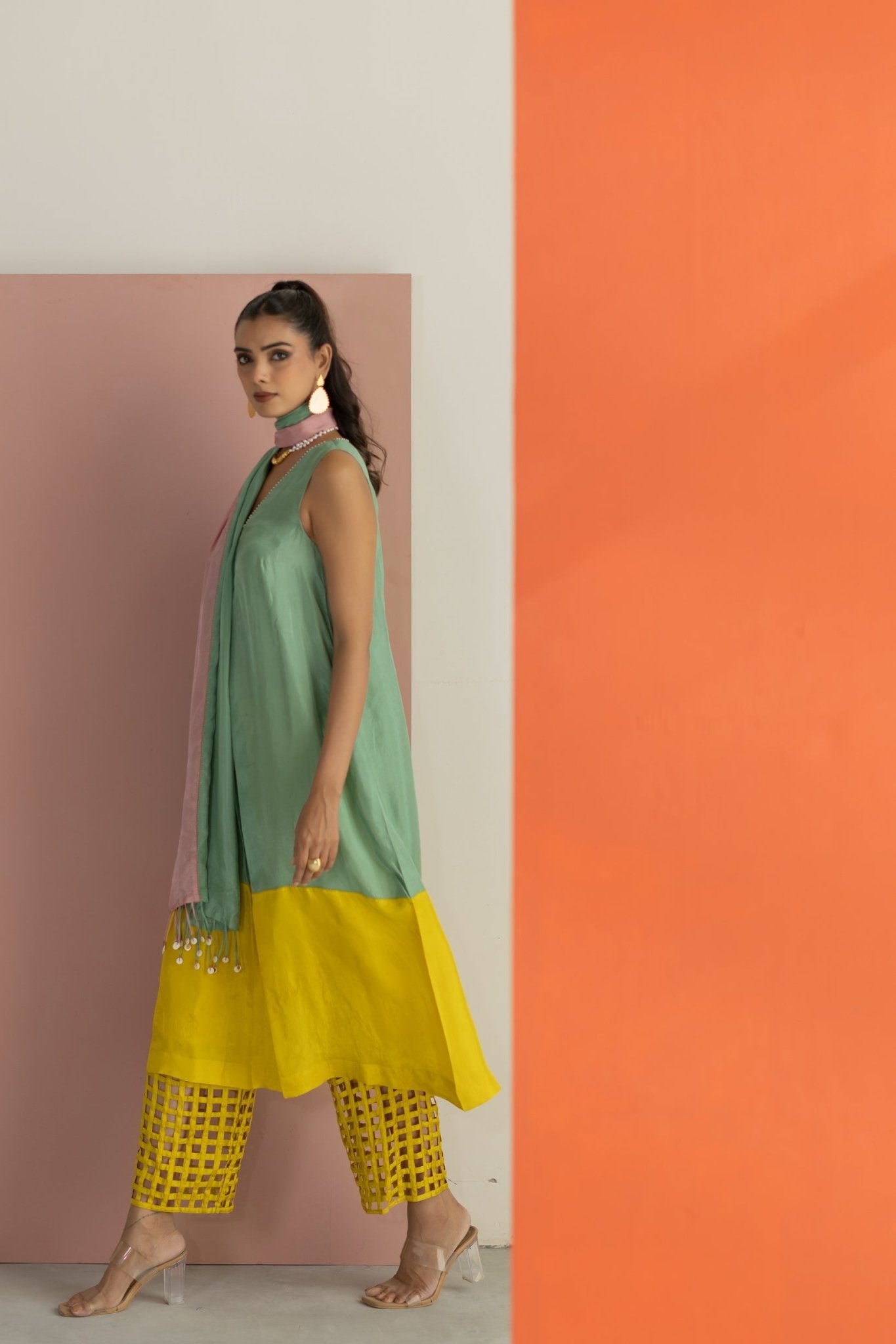 Sea Green and Lime Yellow Kurta Set - CiceroniKurta Set, Festive WearTussah