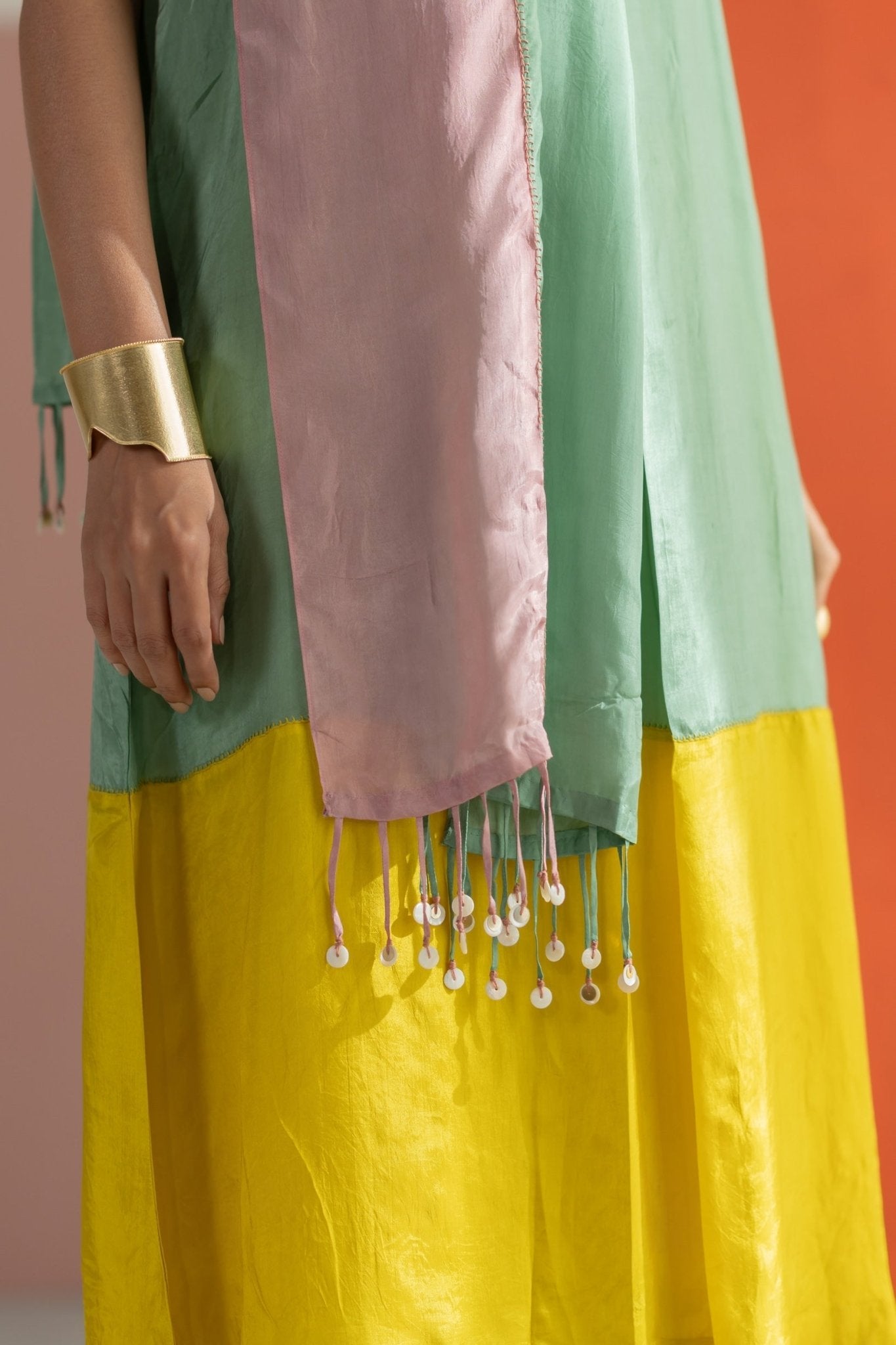 Sea Green and Lime Yellow Kurta Set - CiceroniKurta Set, Festive WearTussah