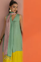 Sea Green and Lime Yellow Kurta Set - CiceroniKurta Set, Festive WearTussah