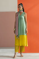 Sea Green and Lime Yellow Kurta Set - CiceroniKurta Set, Festive WearTussah