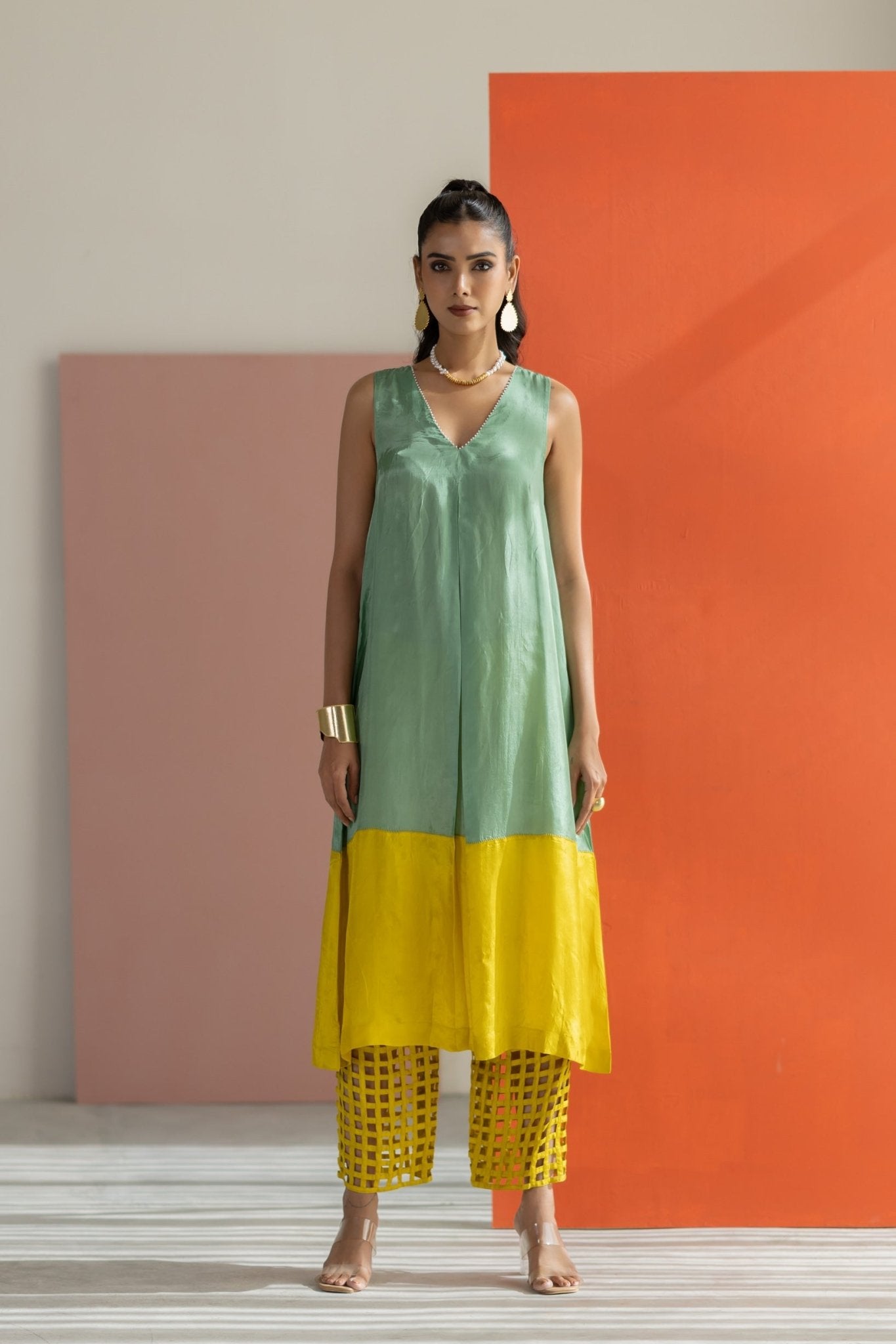 Sea Green and Lime Yellow Kurta Set - CiceroniKurta Set, Festive WearTussah