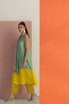 Sea Green and Lime Yellow Kurta Set - CiceroniKurta Set, Festive WearTussah