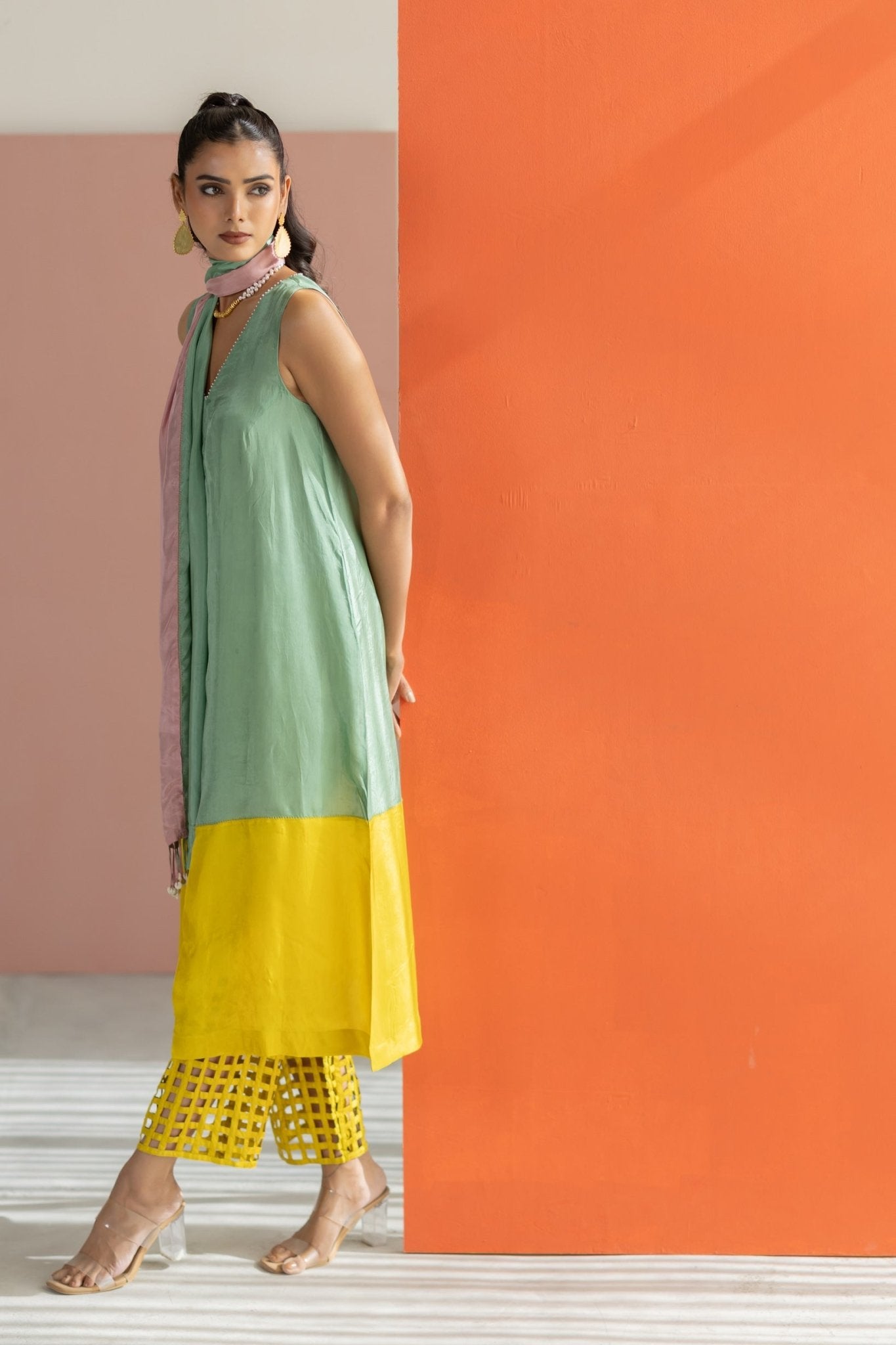 Sea Green and Lime Yellow Kurta Set - CiceroniKurta Set, Festive WearTussah
