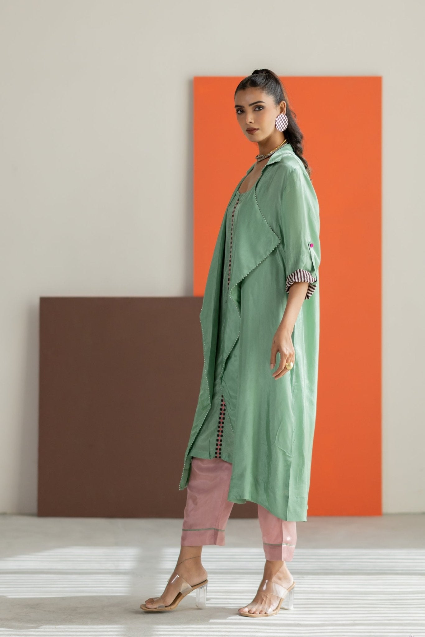 Sea Green Habutai Silk Jacket Set - CiceroniKurta Set, Festive WearTussah