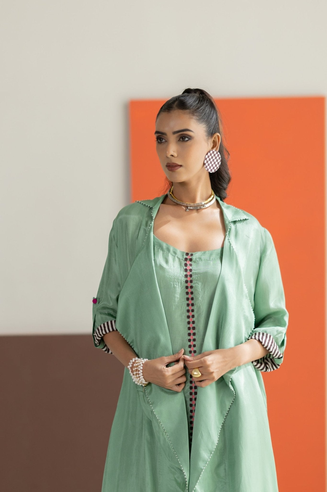 Sea Green Habutai Silk Jacket Set - CiceroniKurta Set, Festive WearTussah