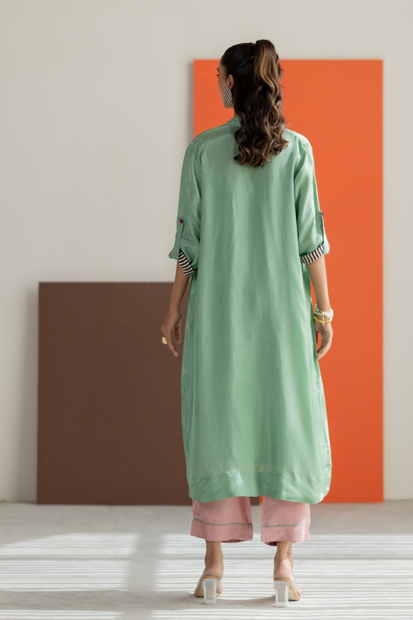 Sea Green Habutai Silk Jacket Set - CiceroniKurta Set, Festive WearTussah