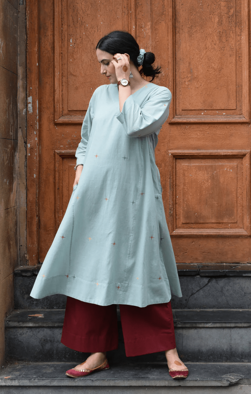 Sea Green Jamdani Phiran with Maroon Pyjama - CiceroniKurta Set, Everyday WearHouse of Moxa