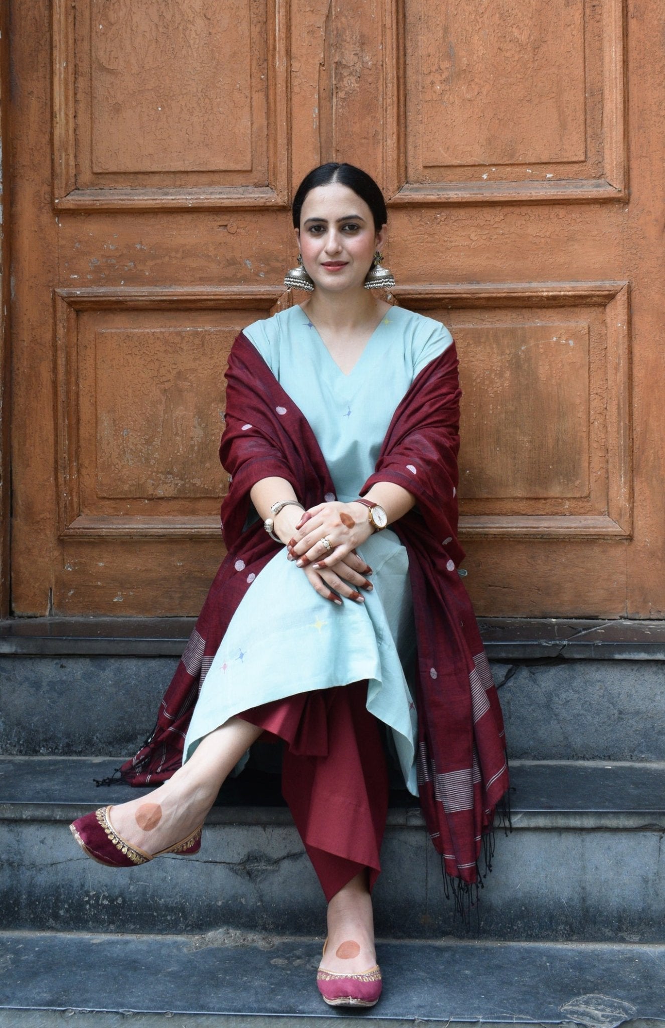 Sea Green Jamdani Phiran with Maroon Pyjama - CiceroniKurta Set, Everyday WearHouse of Moxa