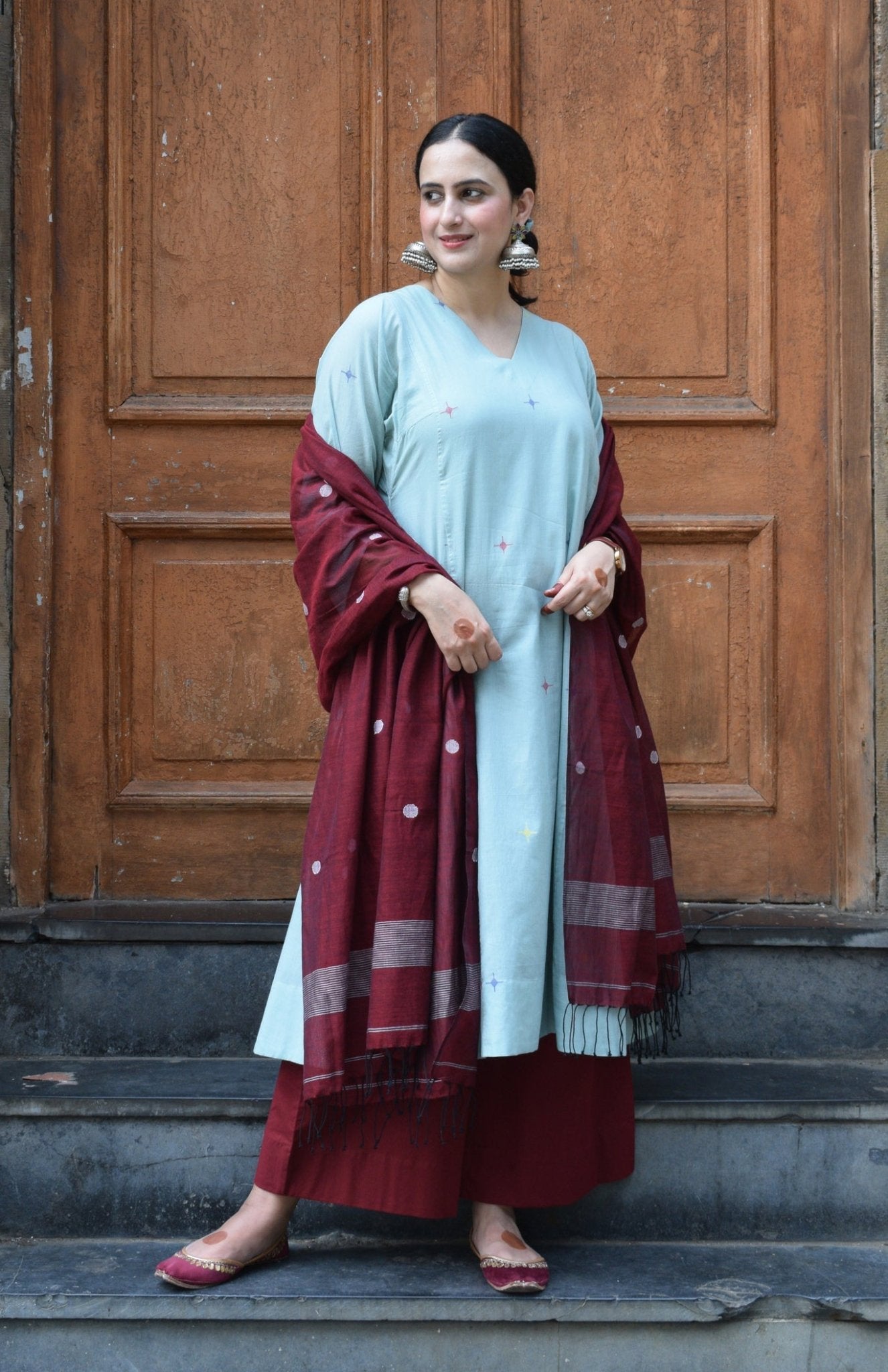 Sea Green Jamdani Phiran with Maroon Pyjama - CiceroniKurta Set, Everyday WearHouse of Moxa