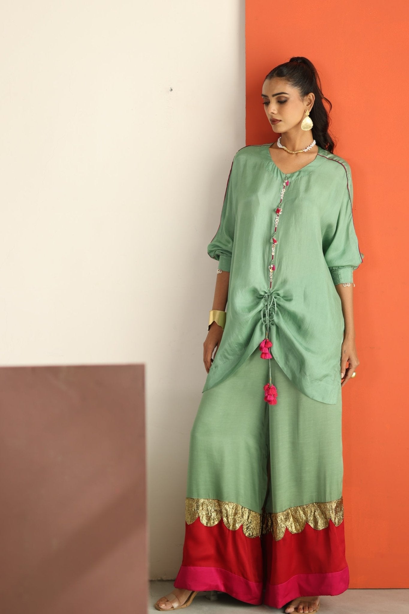 Sea Green Top with Lampi Gota Co-ord Set - CiceroniCo-ord SetTussah