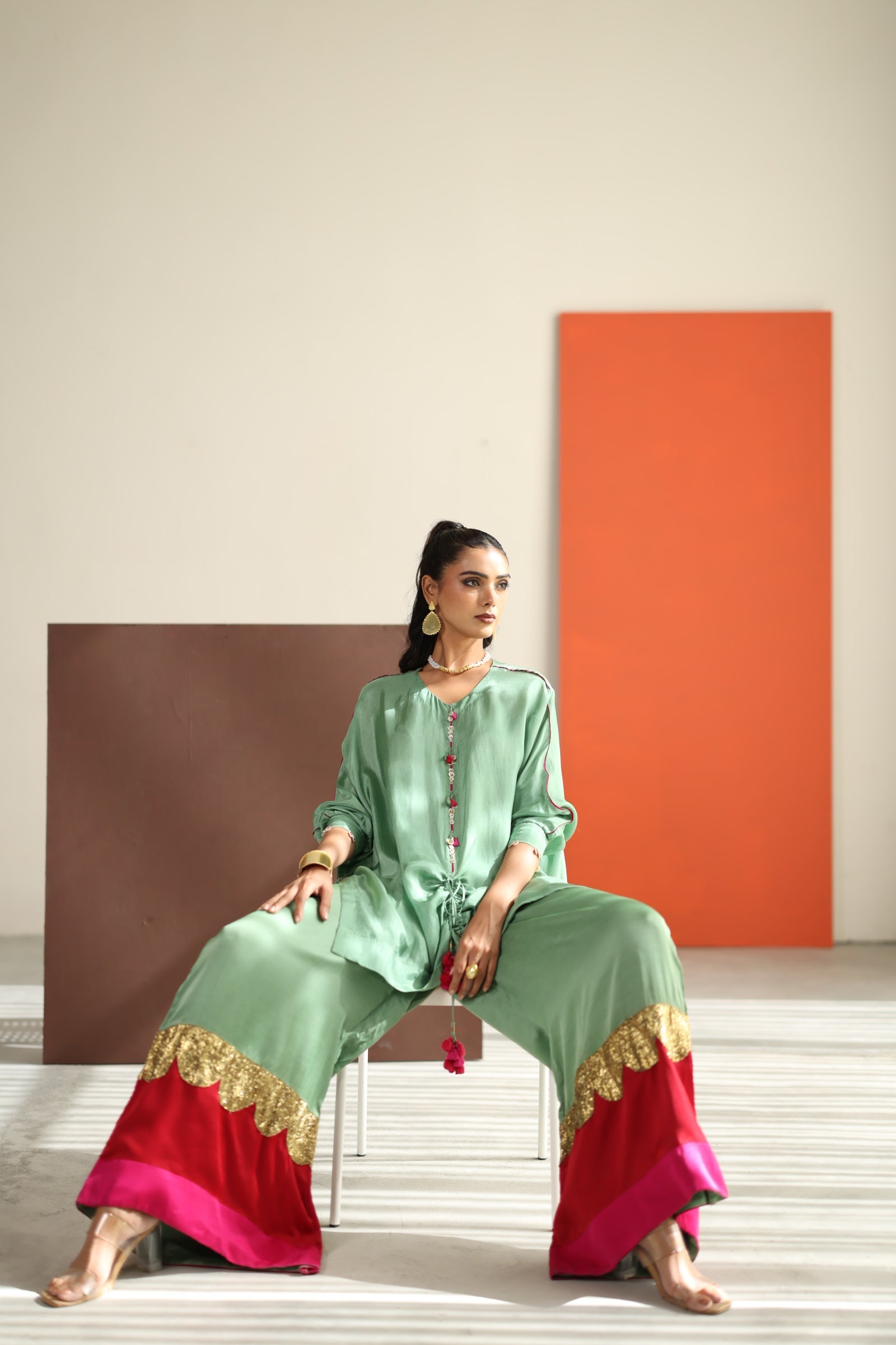 Sea Green Top with Lampi Gota Co-ord Set - CiceroniCo-ord SetTussah