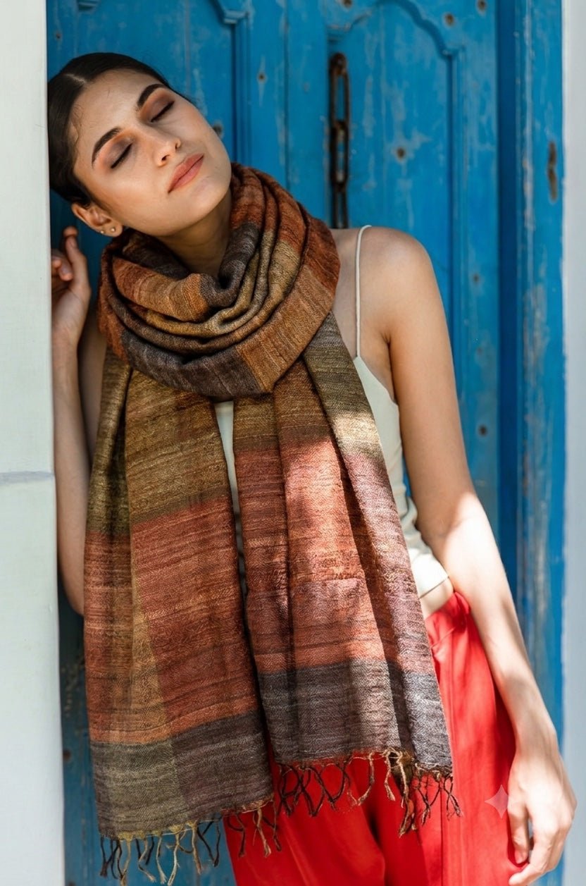 Sepia Brown Madras Checks Silk Scarf for Women - CiceroniScarfAeshaane