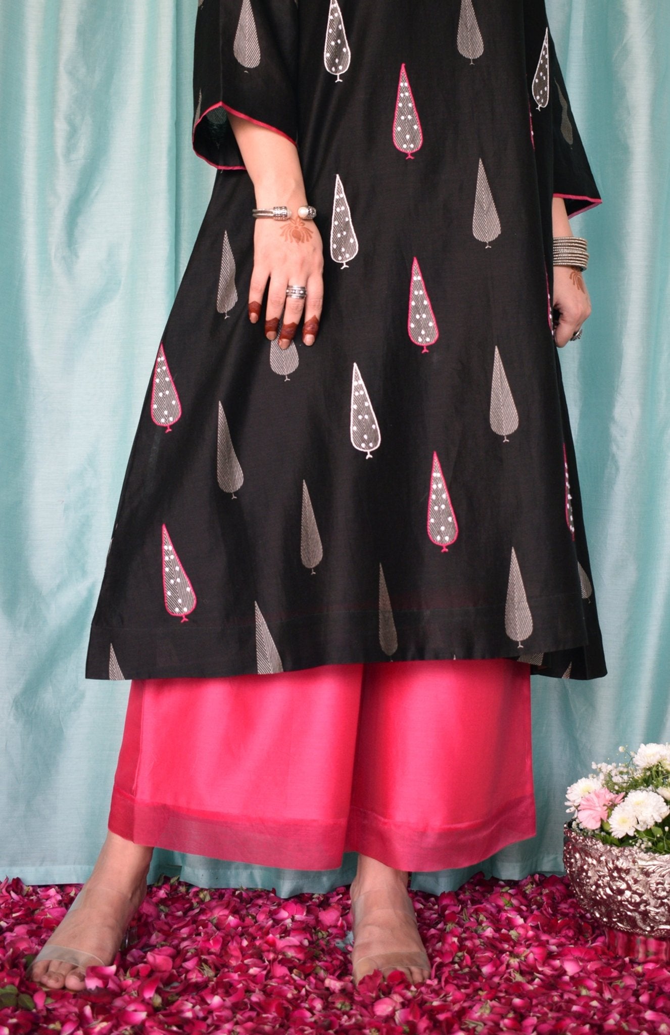 Shyam Chanderi Set with Hand Embroidered A line Kurta and Wide Legged Pyjama - CiceroniKurta Set, Festive wearHouse of Moxa