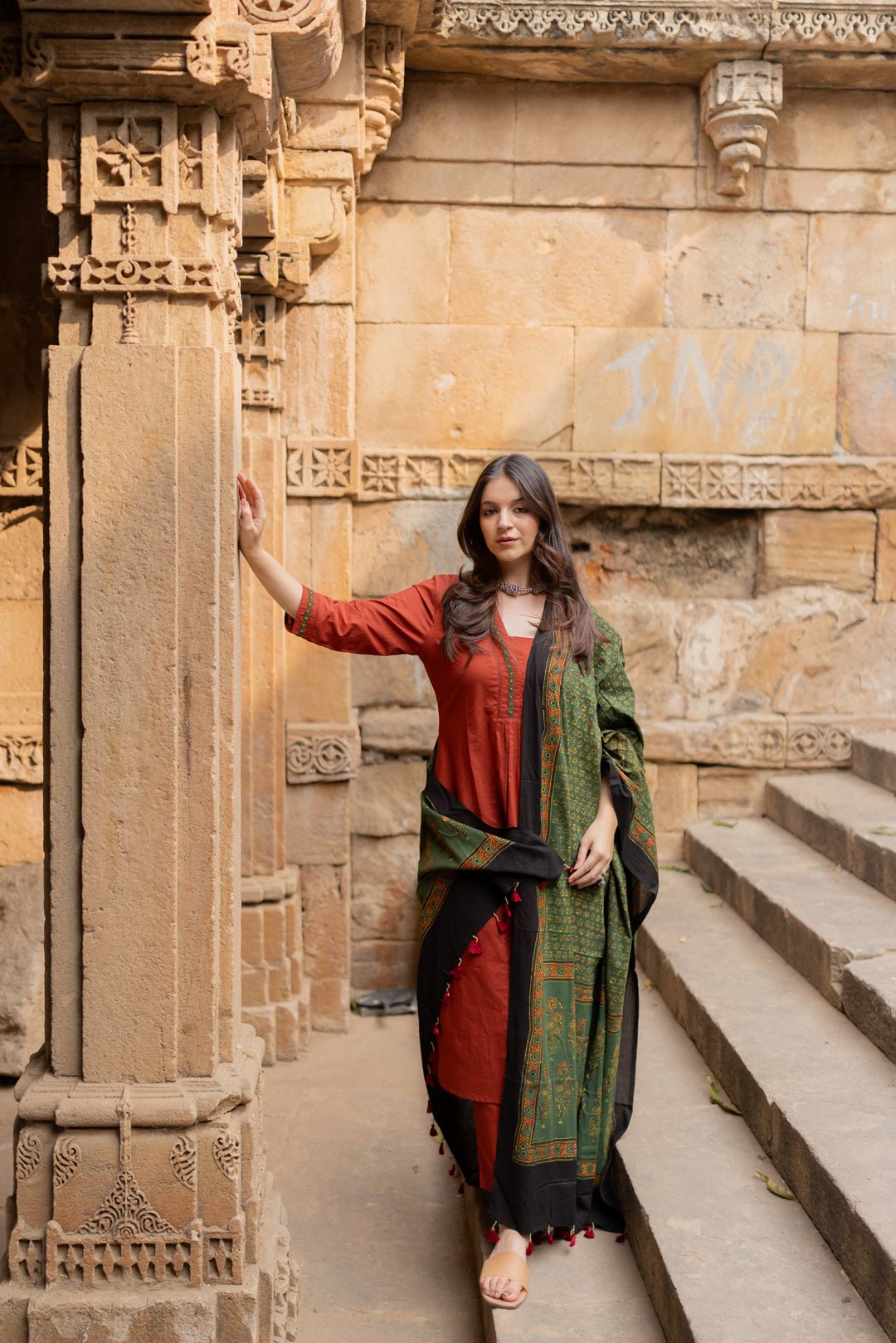 Sindhur Earth Kurta Set with Ajrakh Dupatta - CiceroniKurta Set, Everyday WearMaidaan