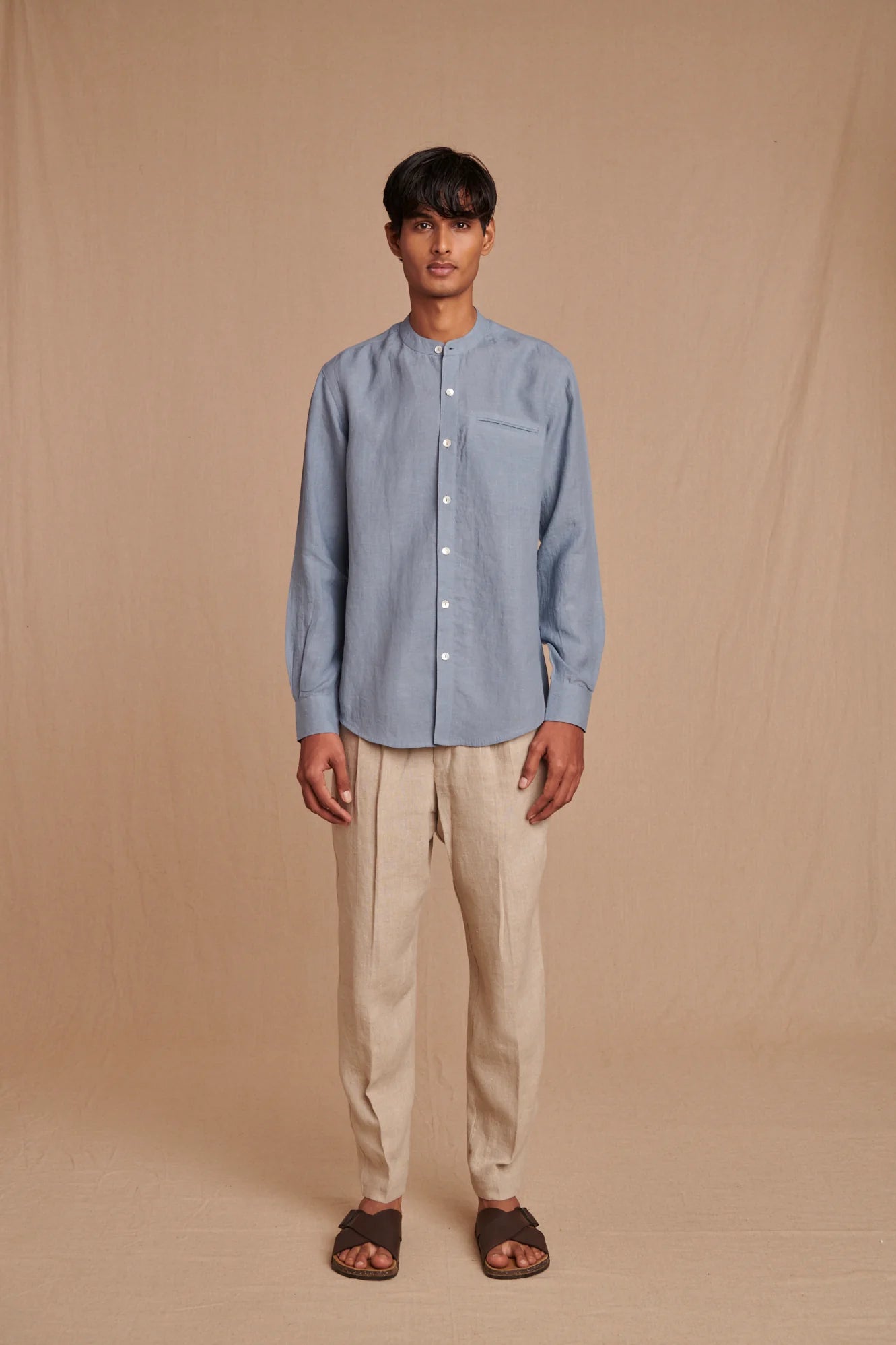 Sky Linen Men's Band Collar Shirt - Slim Fit - CiceroniShirtSaphed