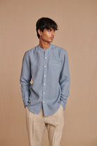 Sky Linen Men's Band Collar Shirt - Slim Fit - CiceroniShirtSaphed