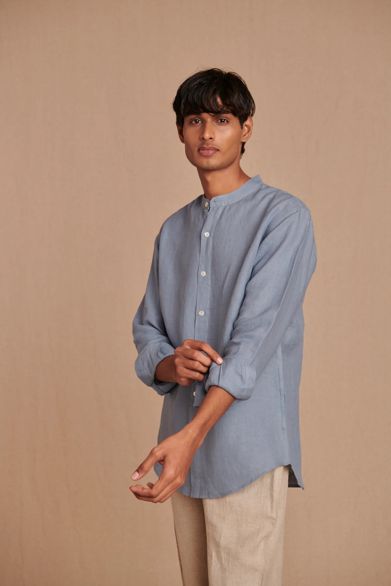 Sky Linen Men's Band Collar Shirt - CiceroniShirtSaphed