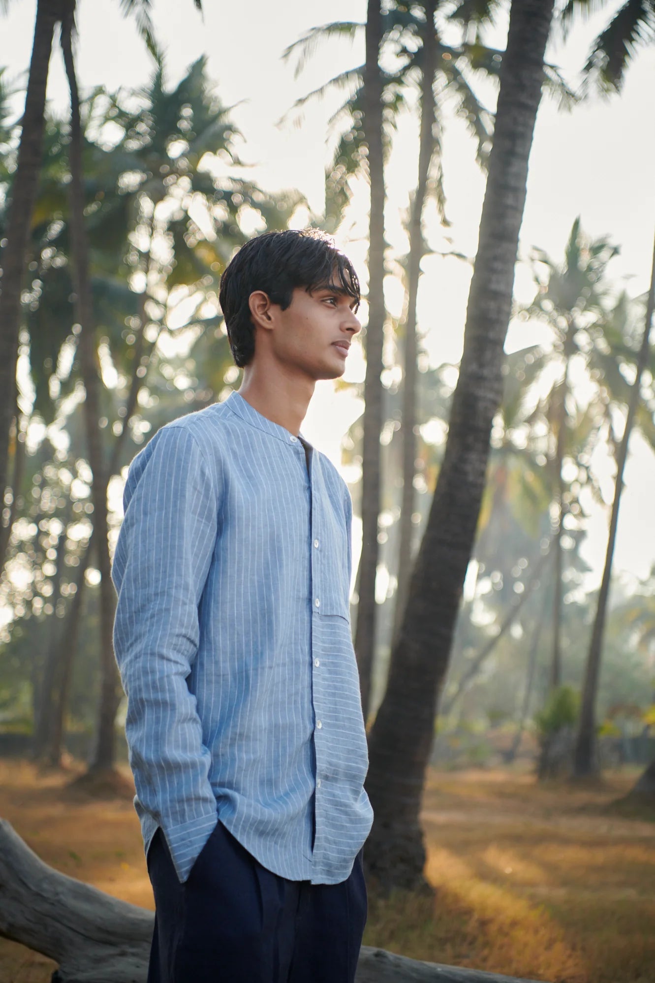 Sky Pinstripe Linen Men's Band Collar Shirt - Slim Fit - CiceroniShirtSaphed