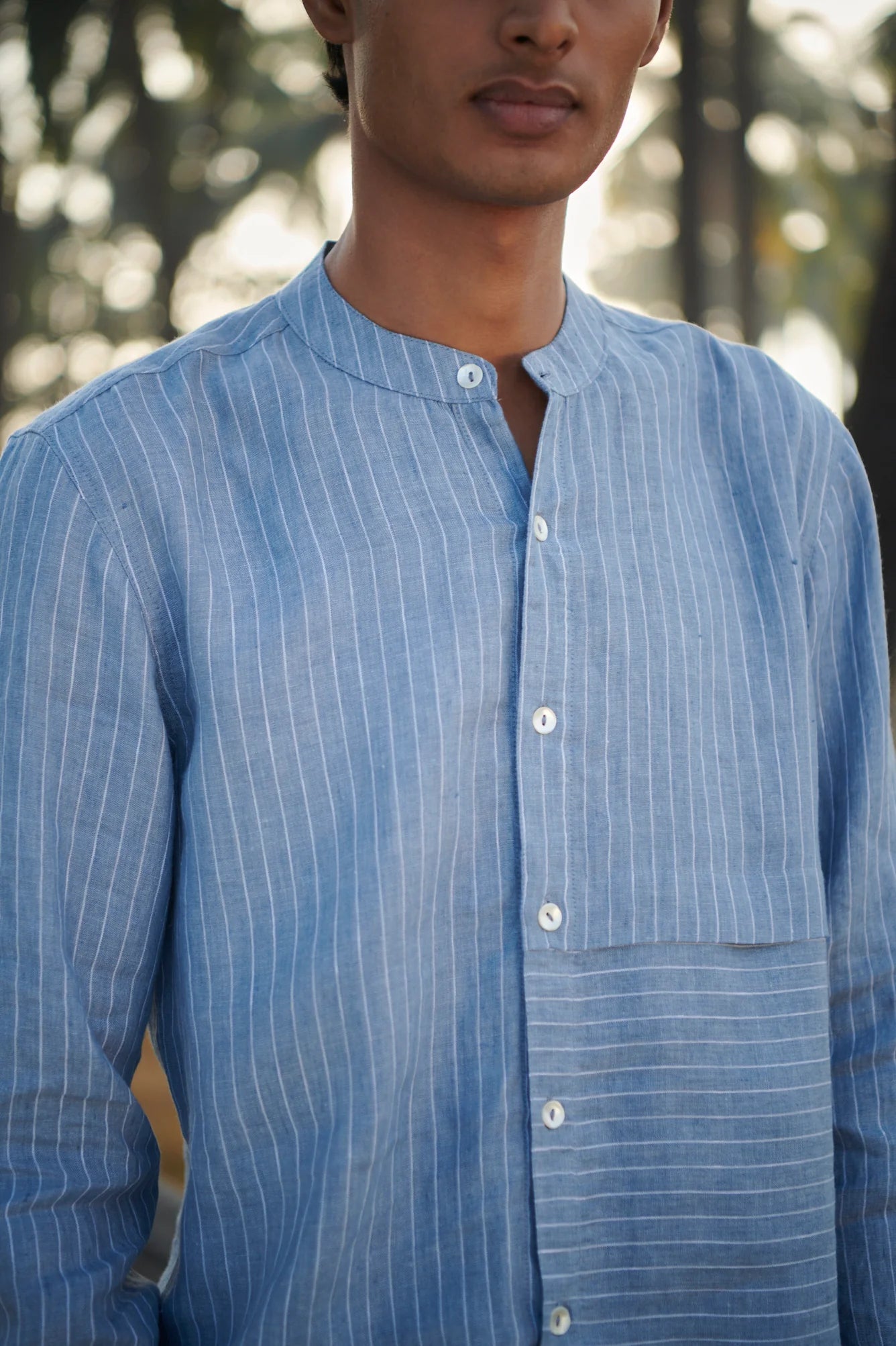 Sky Pinstripe Linen Men's Band Collar Shirt - Slim Fit - CiceroniShirtSaphed