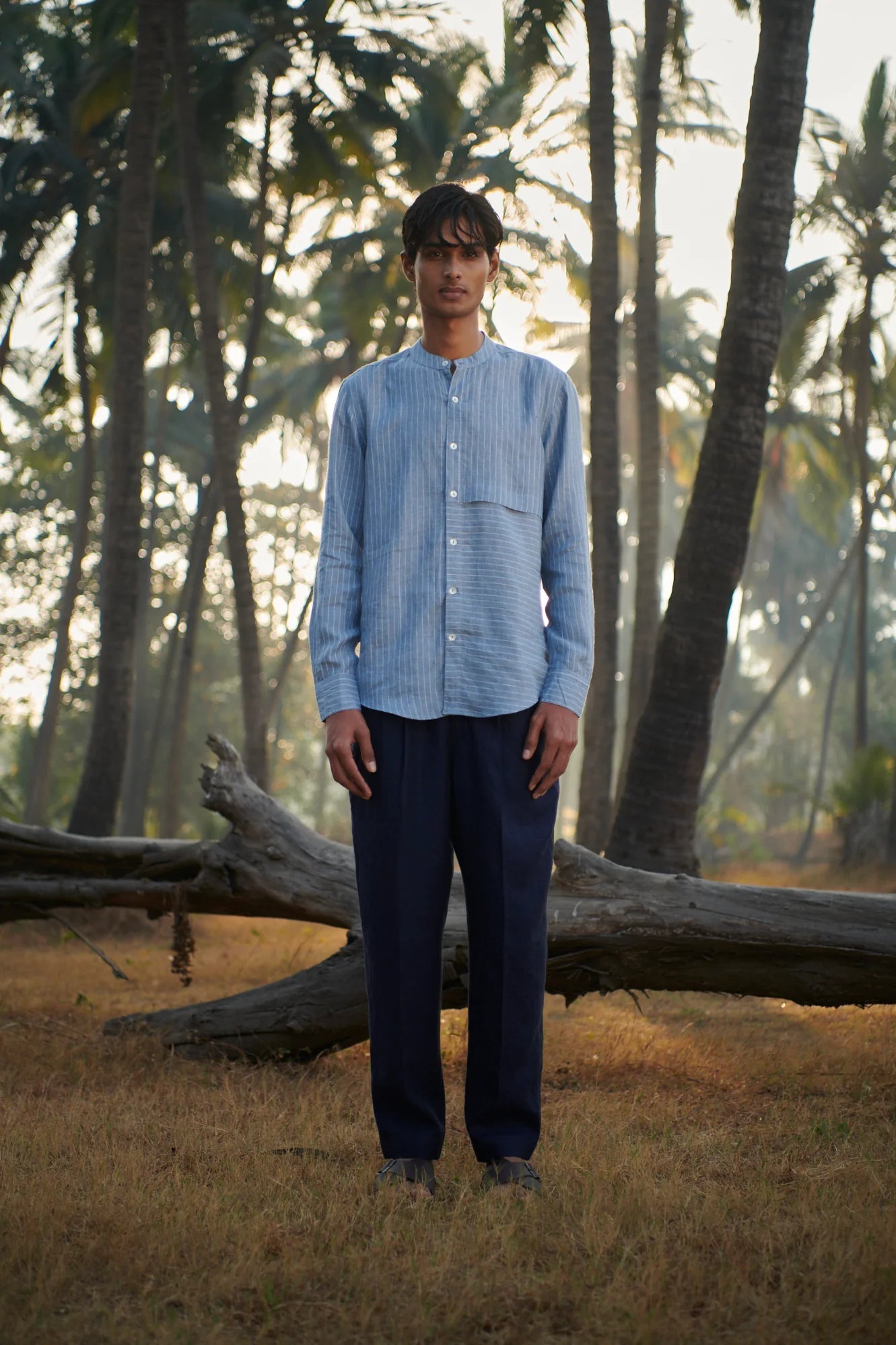 Sky Pinstripe Linen Men's Band Collar Shirt - Slim Fit - CiceroniShirtSaphed