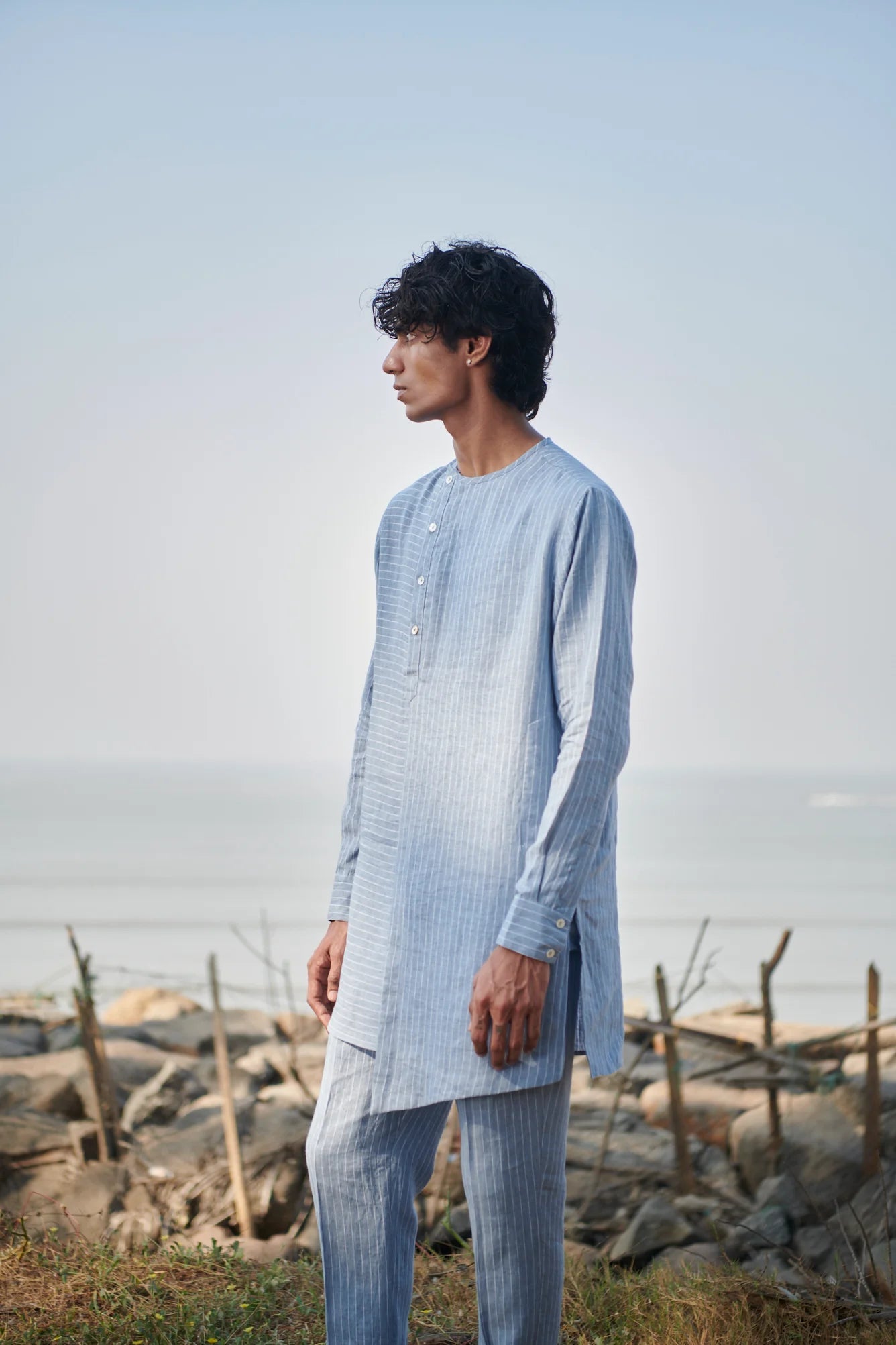 Sky Pinstripe Linen Side Open Kurta Set - CiceroniKurta SetSaphed