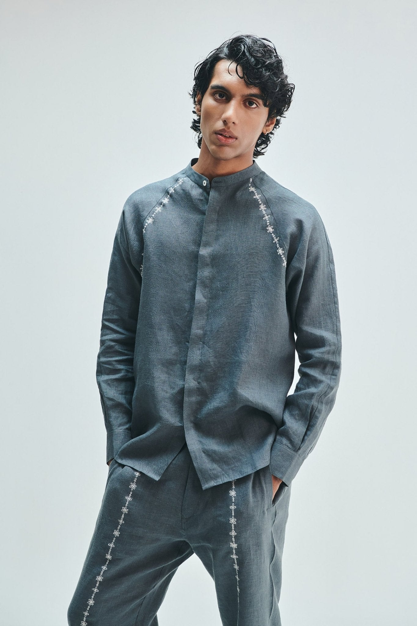 Slate Linen Embroidered Men's Raglan Shirt Set - CiceroniCo-ord SetSaphed