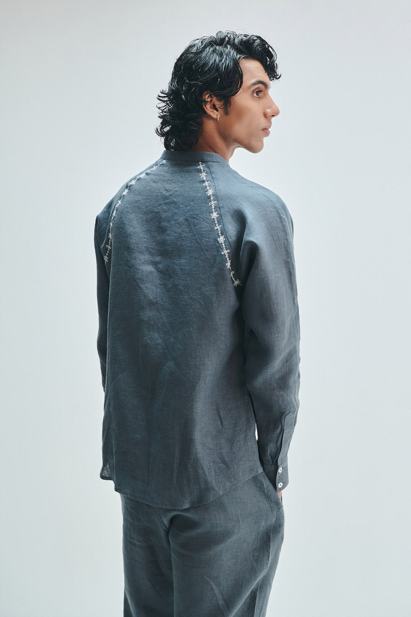 Slate Linen Embroidered Men's Raglan Shirt Set - CiceroniCo-ord SetSaphed
