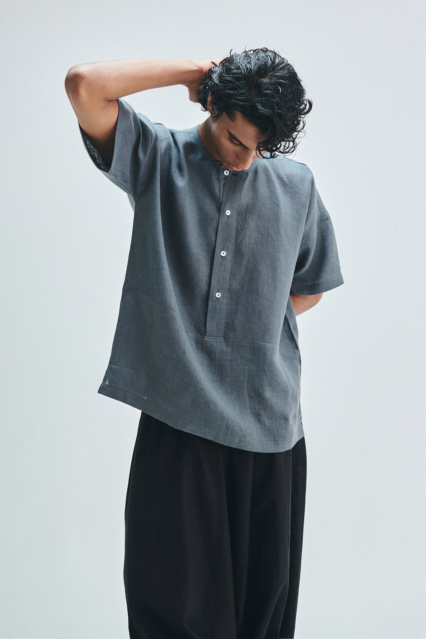 Slate Linen Men's Half Sleeves Panelled Shirt Kurta - CiceroniShirt KurtaSaphed